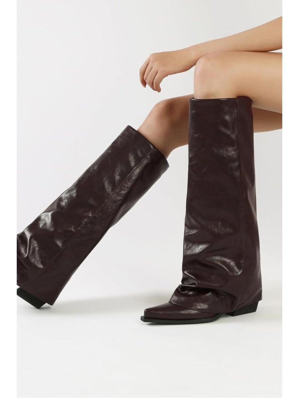 Women's Brown Faux Leather Fold Over Knee High Wide Calf Chunky Heel Long Boots - Picture 4 of 6